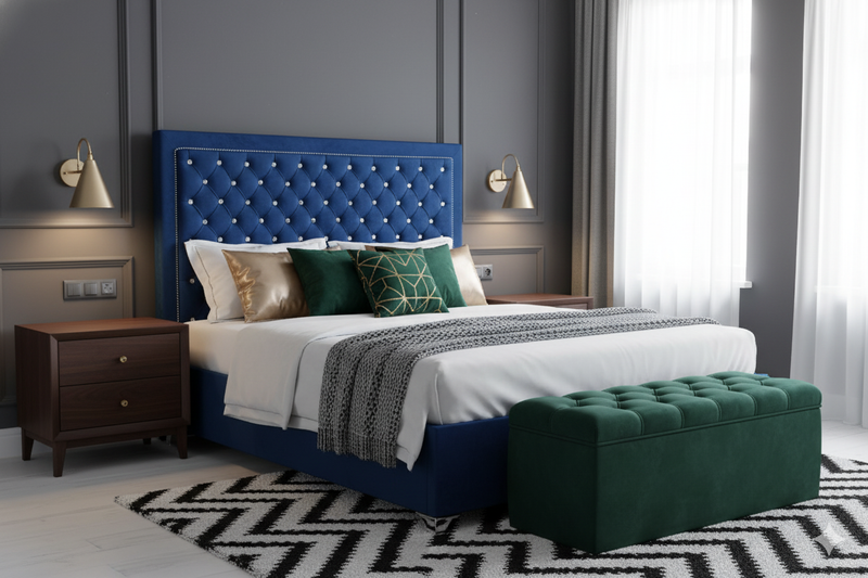 Ancona Buttoned Queen Headboard - Navy Blue Velvet with Crystals
