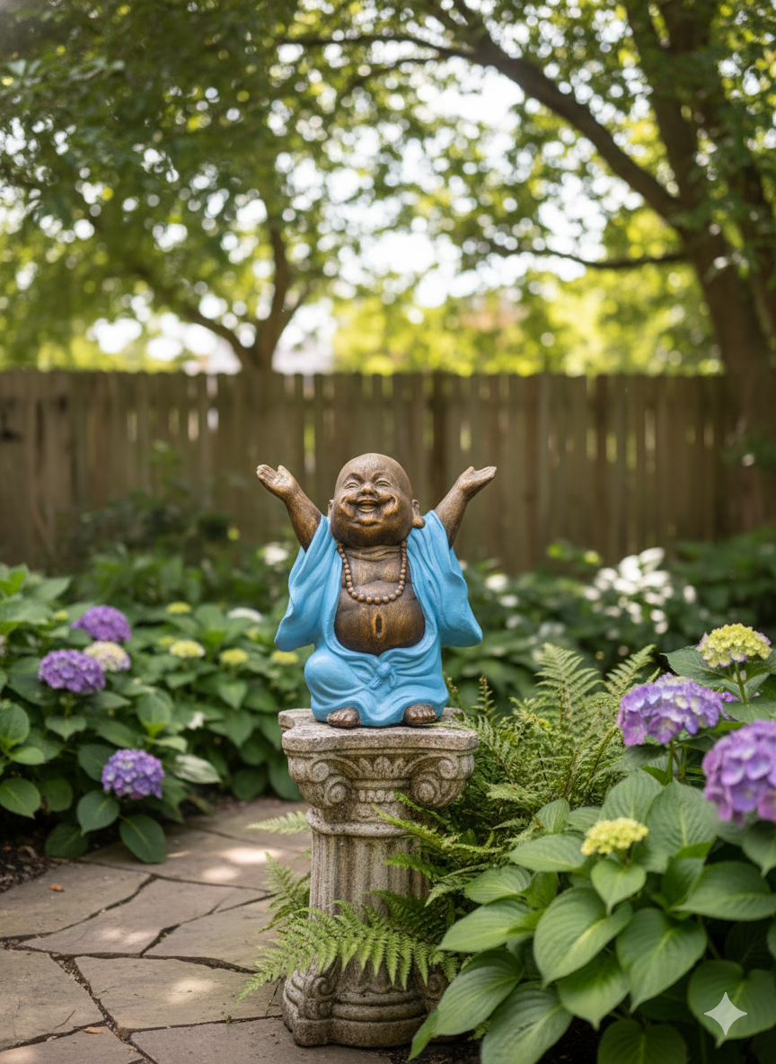 Laughing Buddha Statue – Hands Up Pose - Blue & Gold Finish - 40cms