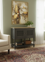 Dark Wood Storage Cabinet with Natural Top – Double Door & Open Shelf
