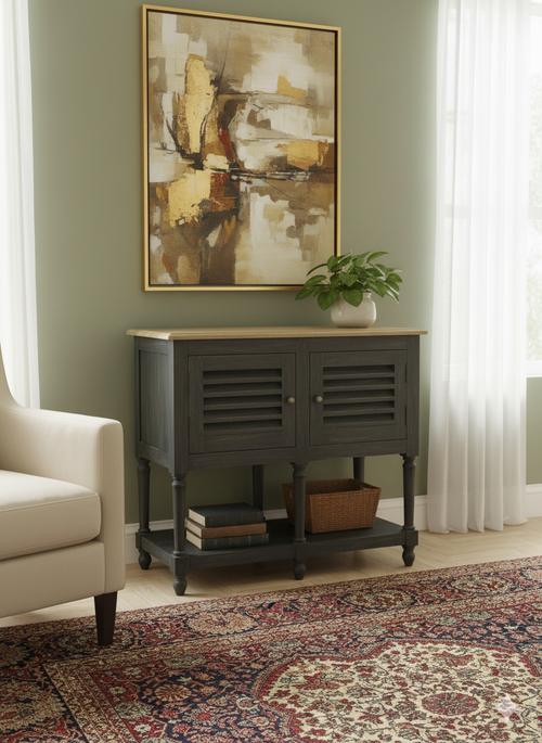 Dark Wood Storage Cabinet with Natural Top – Double Door & Open Shelf