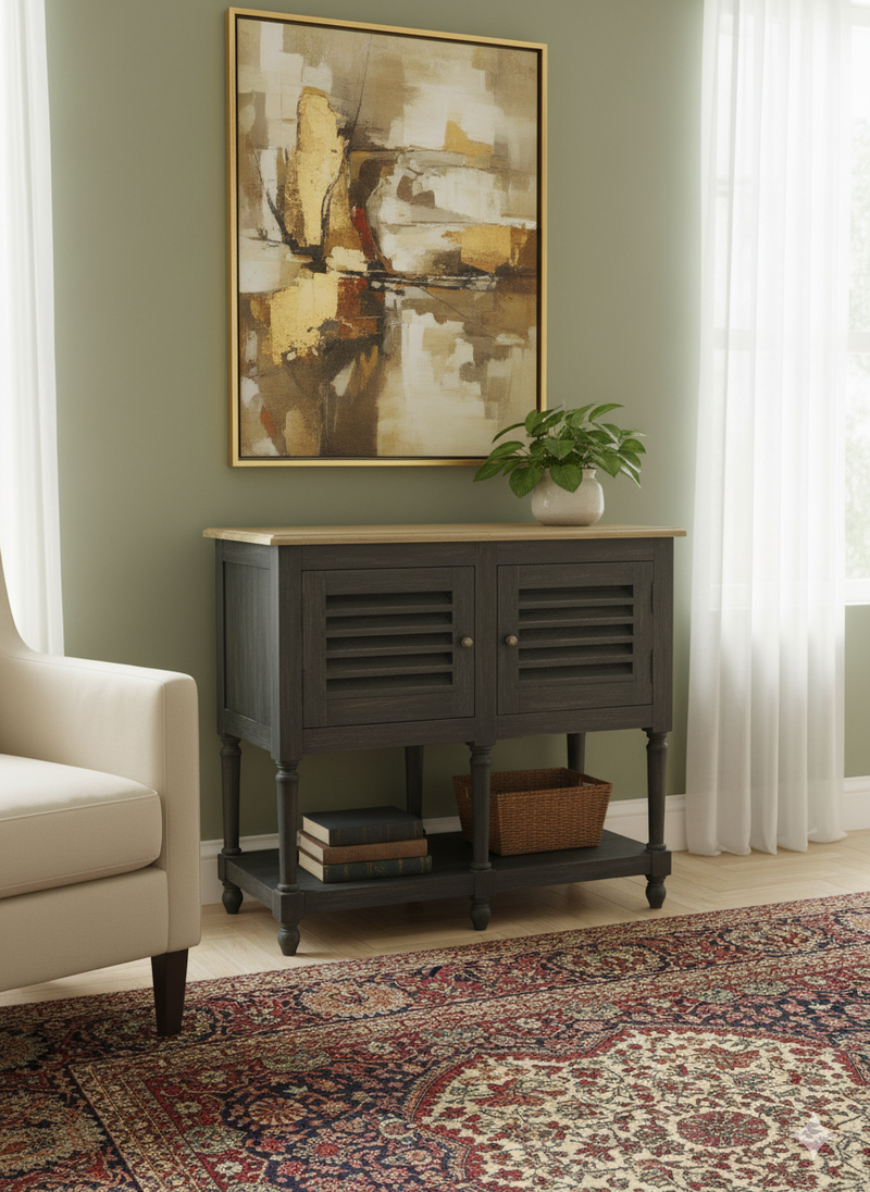 Dark Wood Storage Cabinet with Natural Top – Double Door & Open Shelf