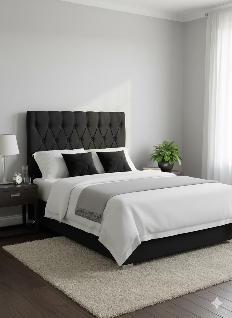 Dahlia Buttoned King Single Headboard - Black Fabric