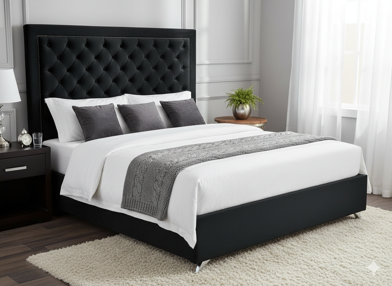 Ancona Buttoned California King Headboard - Black Velvet
