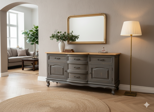 Buffet/Side Table - Vintage Grey Sideboard with Natural Finish Top