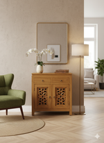 Solid Wood Cabinet with Intricate Carved Doors - Natural Wax Finish