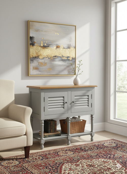 Classic Grey Storage Cabinet with Natural Wood Top