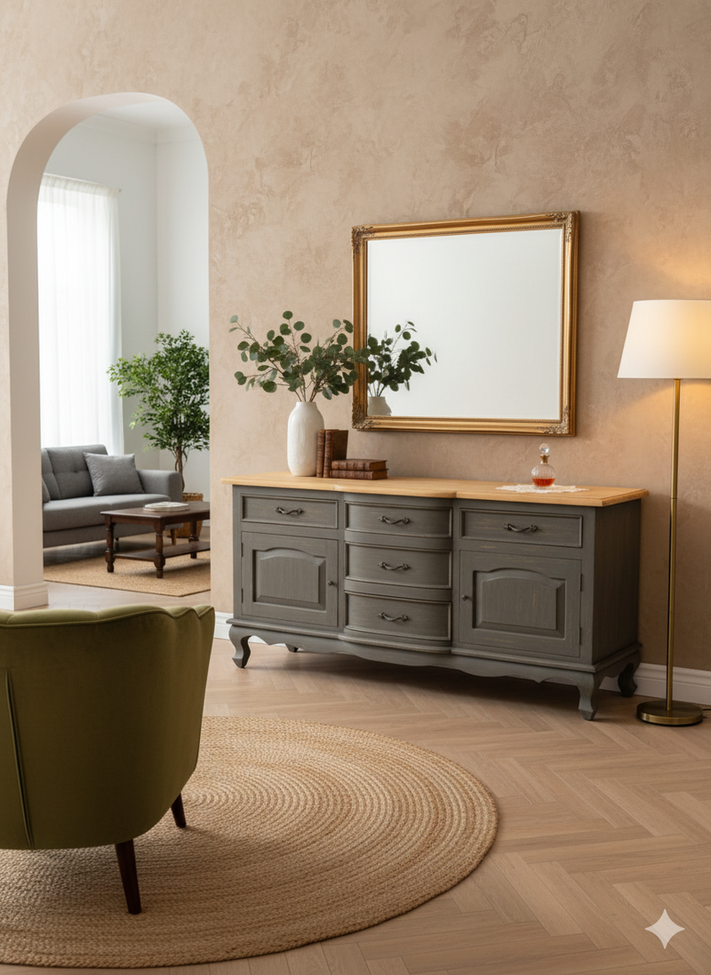 Buffet/Side Table - Vintage Grey Sideboard with Natural Finish Top
