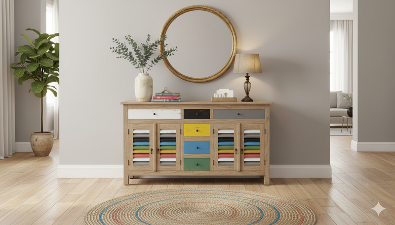 Natural Multi-Coloured Buffet Cabinet/Side Table - Mindi Wood - 150cms