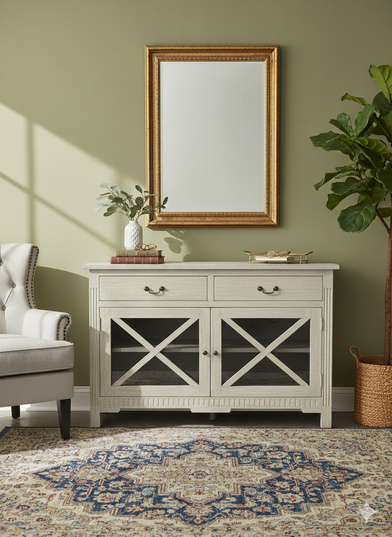 Farmhouse Chic Sideboard Buffet – Whitewashed Finish