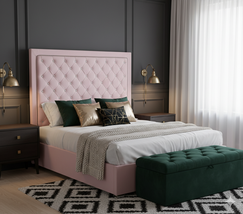 Ancona Buttoned Queen Headboard - Pink Velvet with Crystals