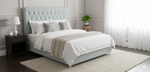 Dahlia Buttoned Super King Headboard - Ash White Velvet (Sky Blue Shade)
