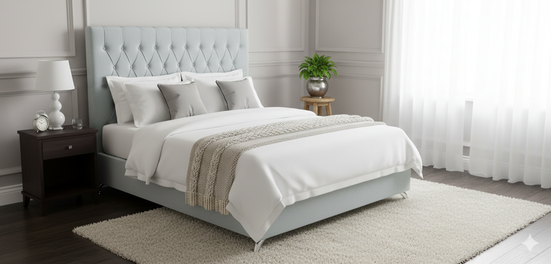 Dahlia Buttoned Super King Headboard - Ash White Velvet (Sky Blue Shade)