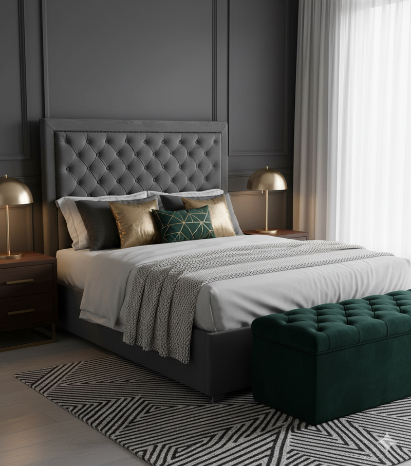 Ancona Buttoned Super King Headboard - Dark Grey Velvet