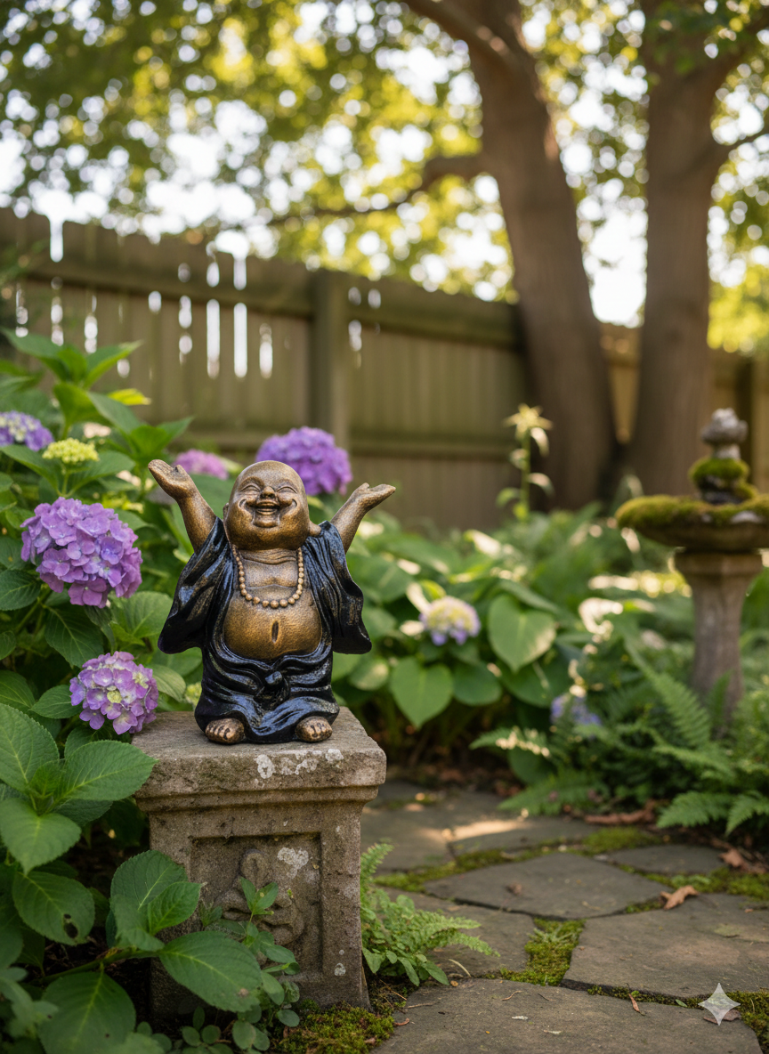 Laughing Buddha Statue – Hands Up Pose - Black & Gold Finish - 40cms