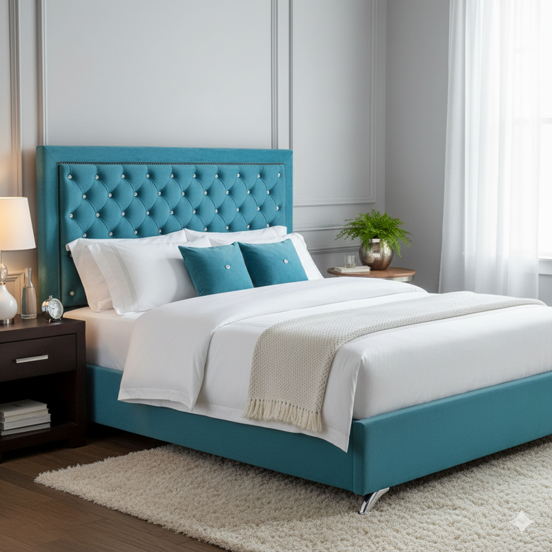 Ancona Buttoned Queen Headboard - Tiffany Blue Velvet