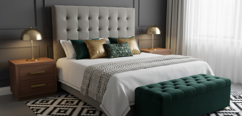 Maison Buttoned King Headboard - Stone Grey Velvet