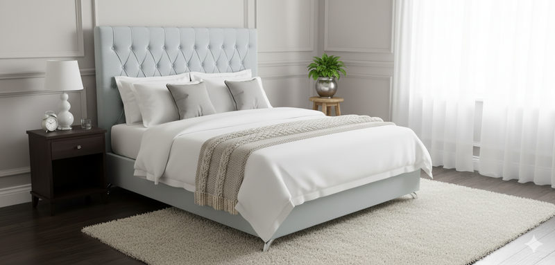 Dahlia Buttoned King Headboard - Ash White Velvet (Sky Blue Shade)