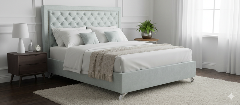 Ancona Buttoned King Headboard - Ash White Velvet (Sky Blue Shade)
