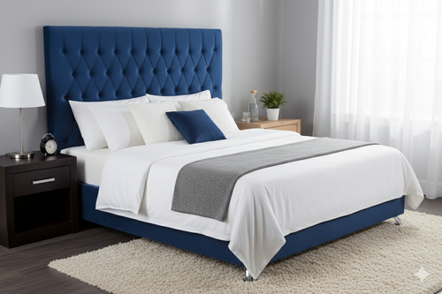 Dahlia Buttoned King Single Headboard - Navy Blue Velvet