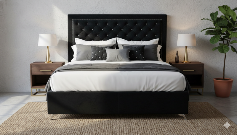 Ancona Buttoned California King Headboard - Black Velvet with Crystals