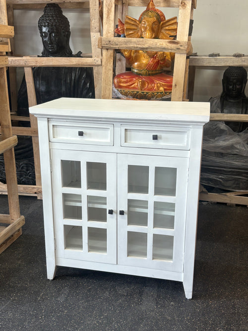 White Wooden Storage Cabinet with Glass Doors