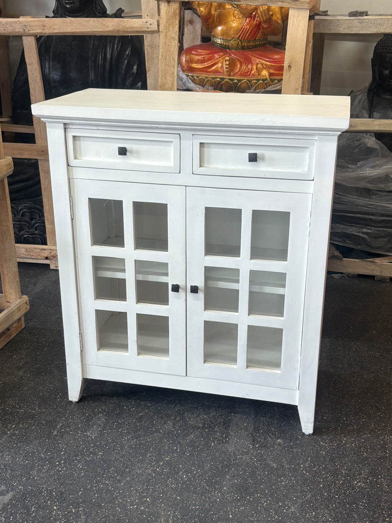 White Wooden Storage Cabinet with Glass Doors