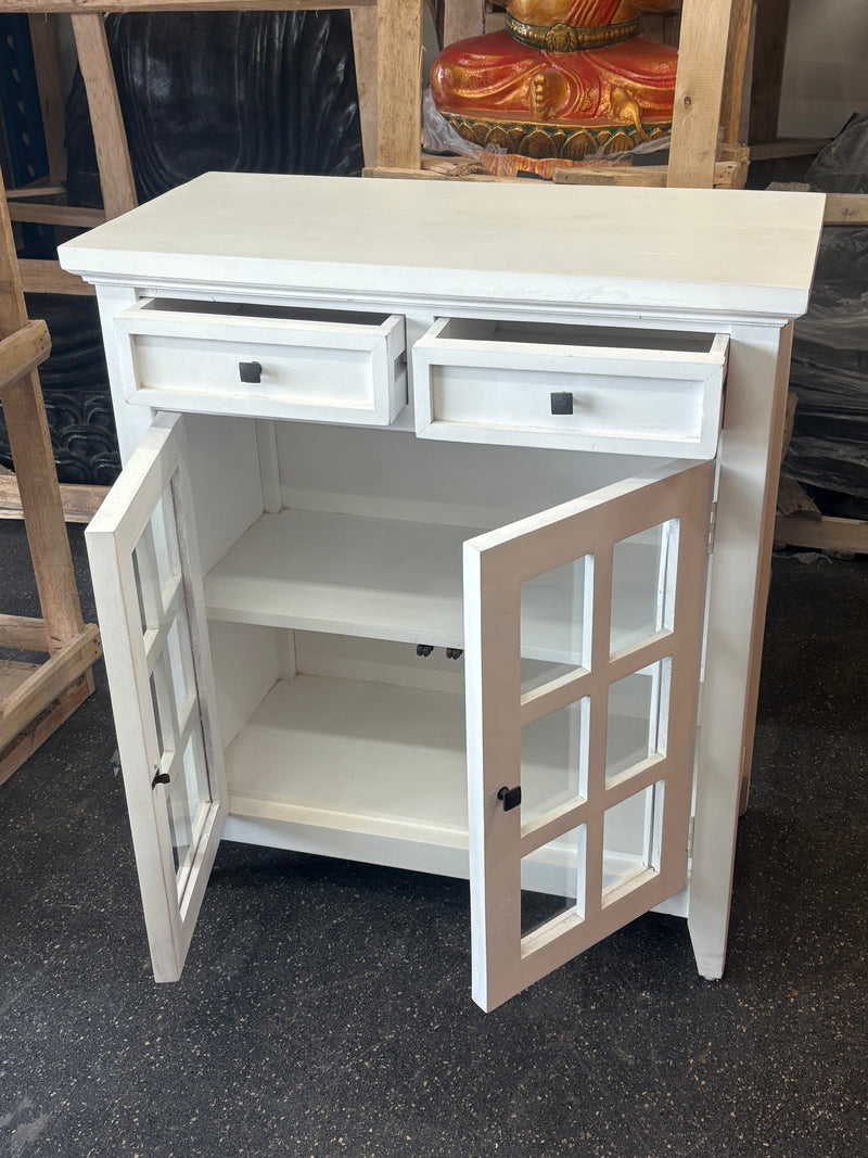 White Wooden Storage Cabinet with Glass Doors