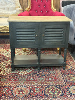 Dark Wood Storage Cabinet with Natural Top – Double Door & Open Shelf