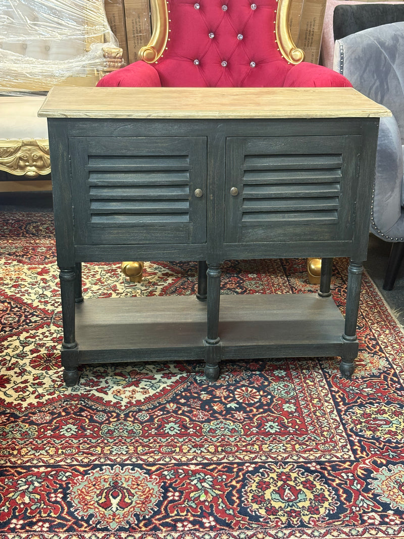 Dark Wood Storage Cabinet with Natural Top – Double Door & Open Shelf