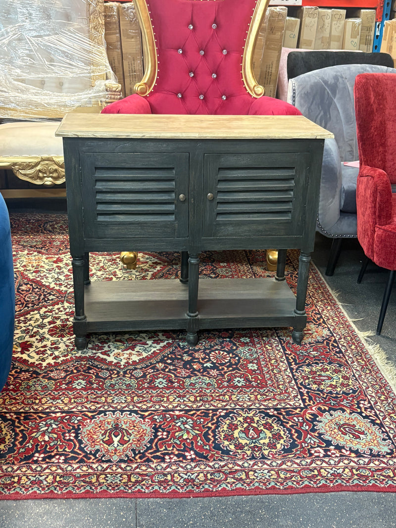 Dark Wood Storage Cabinet with Natural Top – Double Door & Open Shelf