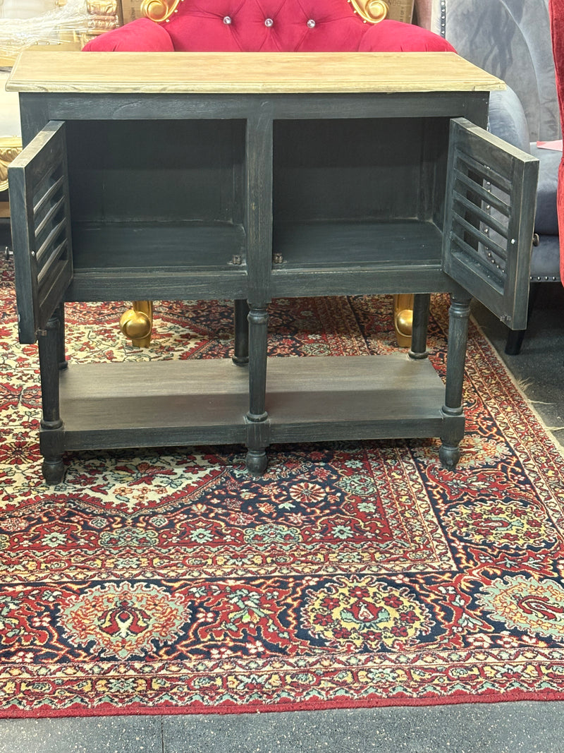 Dark Wood Storage Cabinet with Natural Top – Double Door & Open Shelf