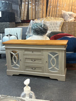 Classic Farmhouse Sideboard Buffet – White & Glass Panel Finish
