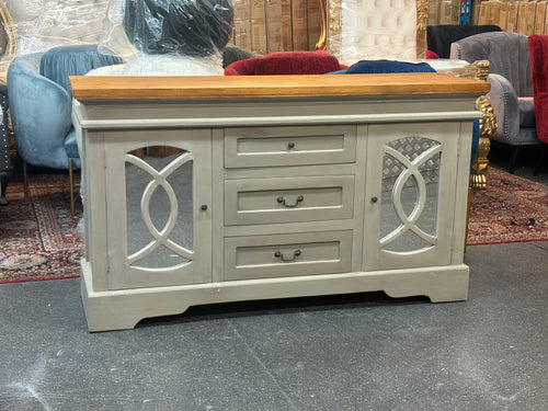 Classic Farmhouse Sideboard Buffet – White & Glass Panel Finish