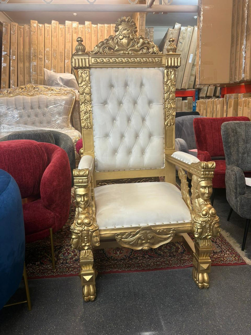 Throne Chair (King/Queen Chair) - Mahogany Wood - Light Cream