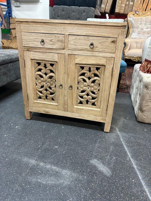 Handcrafted Solid Wood Cabinet with Intricate Carved Doors - Natural Finish