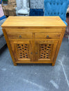 Solid Wood Cabinet with Intricate Carved Doors - Natural Wax Finish