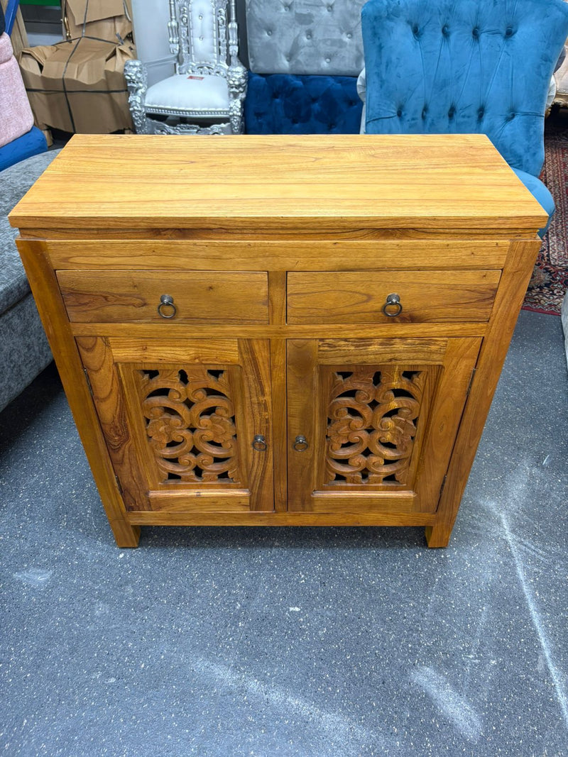 Solid Wood Cabinet with Intricate Carved Doors - Natural Wax Finish