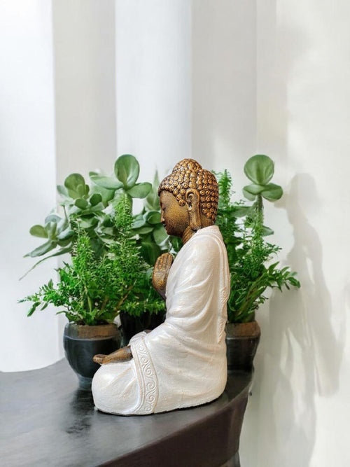 White & Gold Buddha Statue – Abhaya Mudra