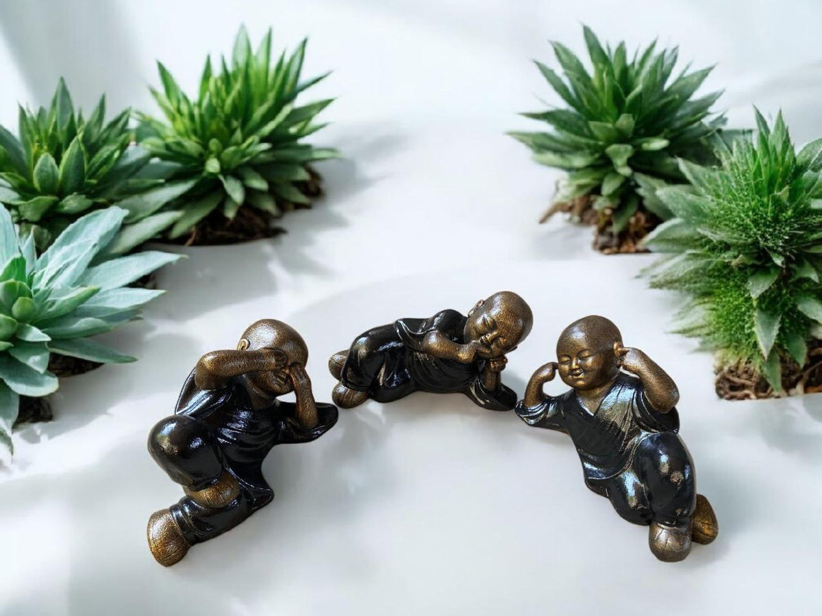 Relaxing Monk Trio Statue Set - Fiber Cement - Black & Gold Finish