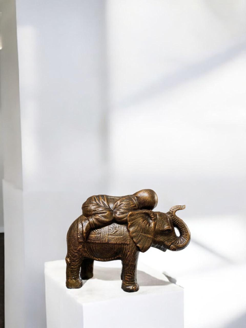 Sleeping Monk on Elephant Statue – Fibre Cement - Antique Gold Finish