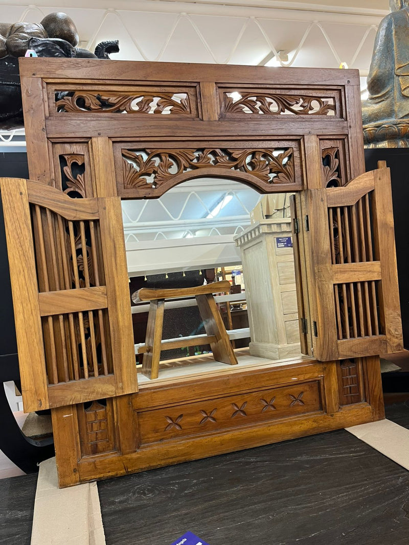 Handcrafted Wooden Mirror with Shutter Doors