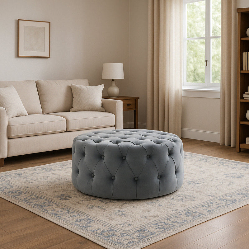 ROUND OTTOMAN / COFFEE TABLE (GRAY VELVET)