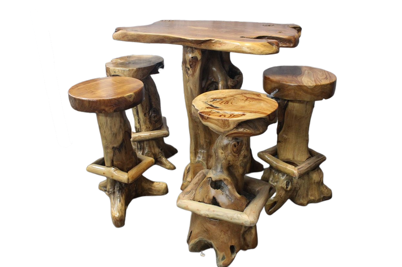 Teak Root Bar Leaner & 4 Stools - All from Teak Root