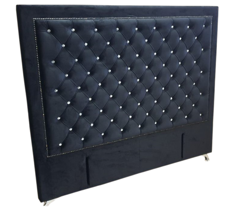 Ancona Buttoned Queen Headboard - Black Velvet with Crystals