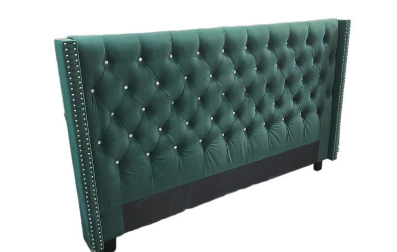 Winston Buttoned Super King Headboard - Forest Green Velvet with Crystals