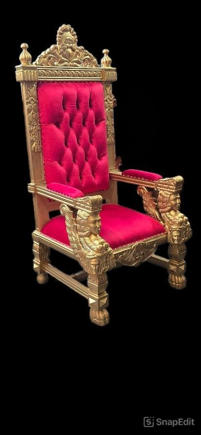 Throne Chair (King/Queen Chair) - Mahogany Wood - Red & Gold