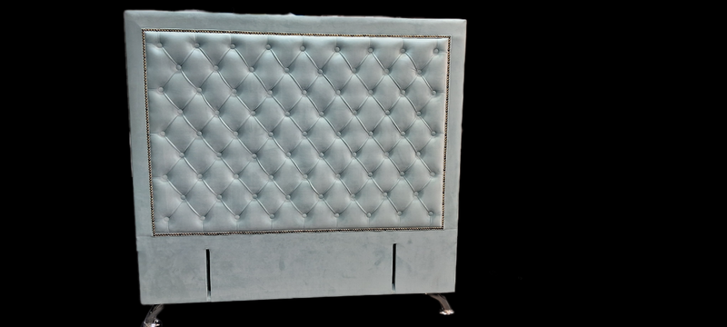 Ancona Buttoned Queen Headboard - Ash White Velvet (Sky Blue Shade)