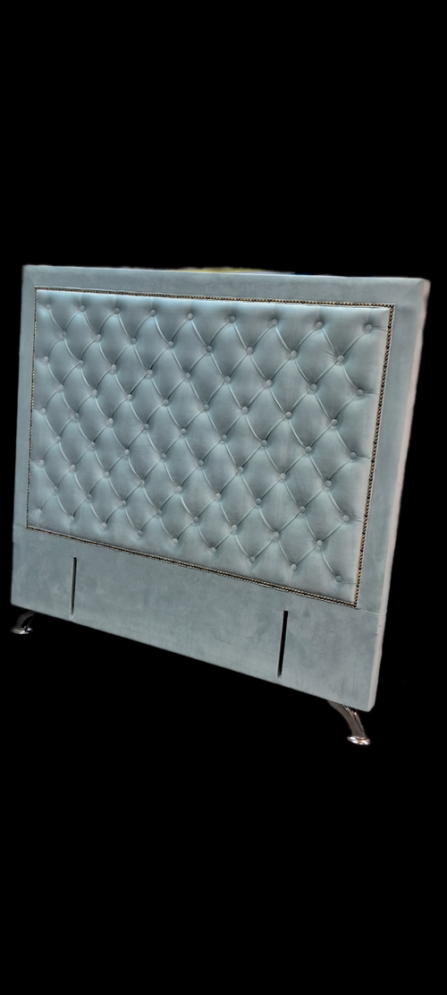 Ancona Buttoned Queen Headboard - Ash White Velvet (Sky Blue Shade)