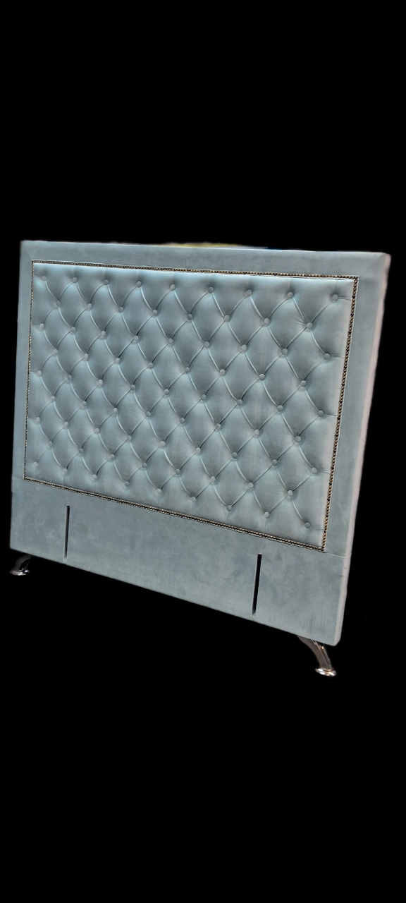 Ancona Buttoned Queen Headboard - Ash White Velvet (Sky Blue Shade)