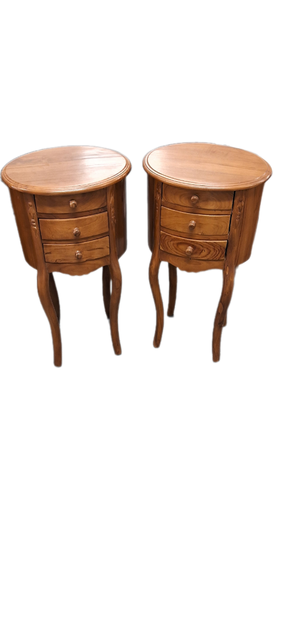 Bedside Table Pair - Oval Shape - Teak Wood